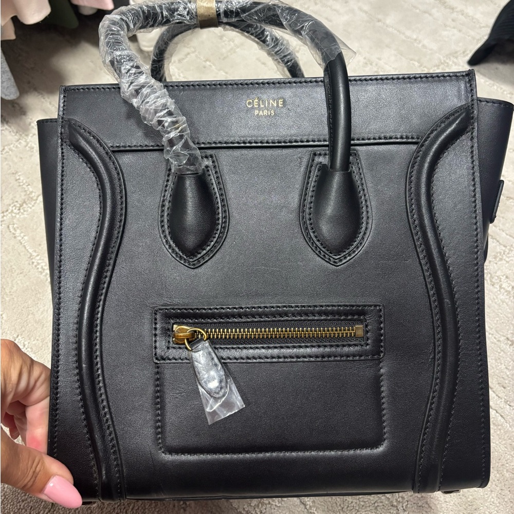 Celine Black Satchel with Gold Accents